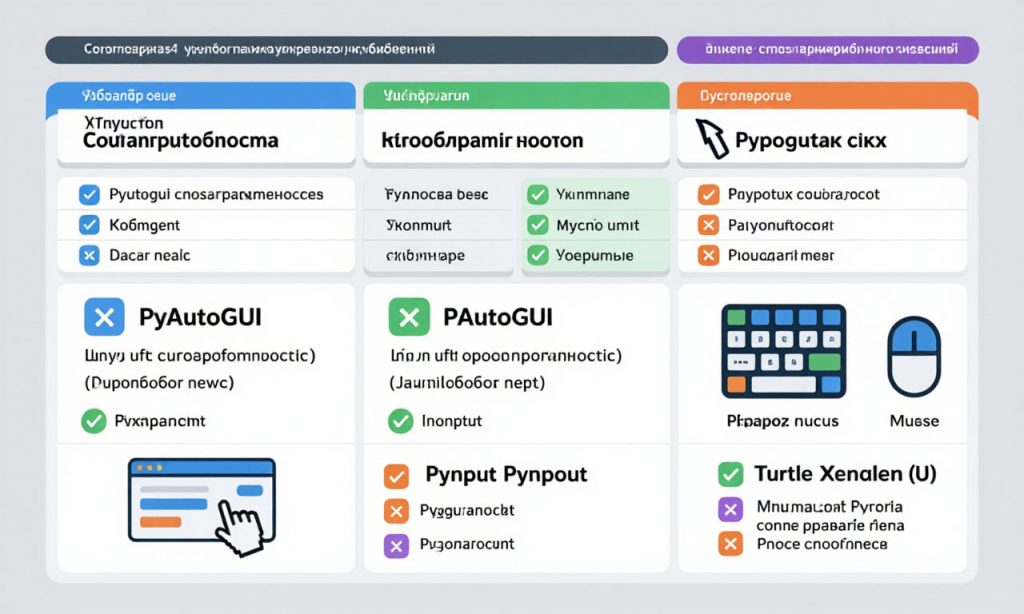 Сравнение библиотек Python для кликов — PyAutoGUI, Pynput, Tkinter, Turtle, таблица с характеристиками