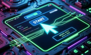 курсор мыши на экране с координатной сеткой, неоновые оси X и Y, автоматизация кликов через Python