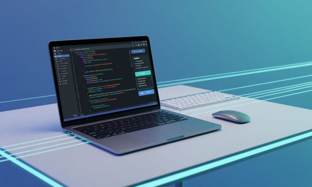 Ноутбук с кодом Python и Selenium, мышь и клавиатура на рабочем столе, технологичная обложка без текста.