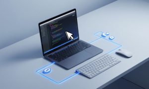 Ноутбук с кодом Python и Selenium, мышь и клавиатура на рабочем столе, технологичная обложка без текста
